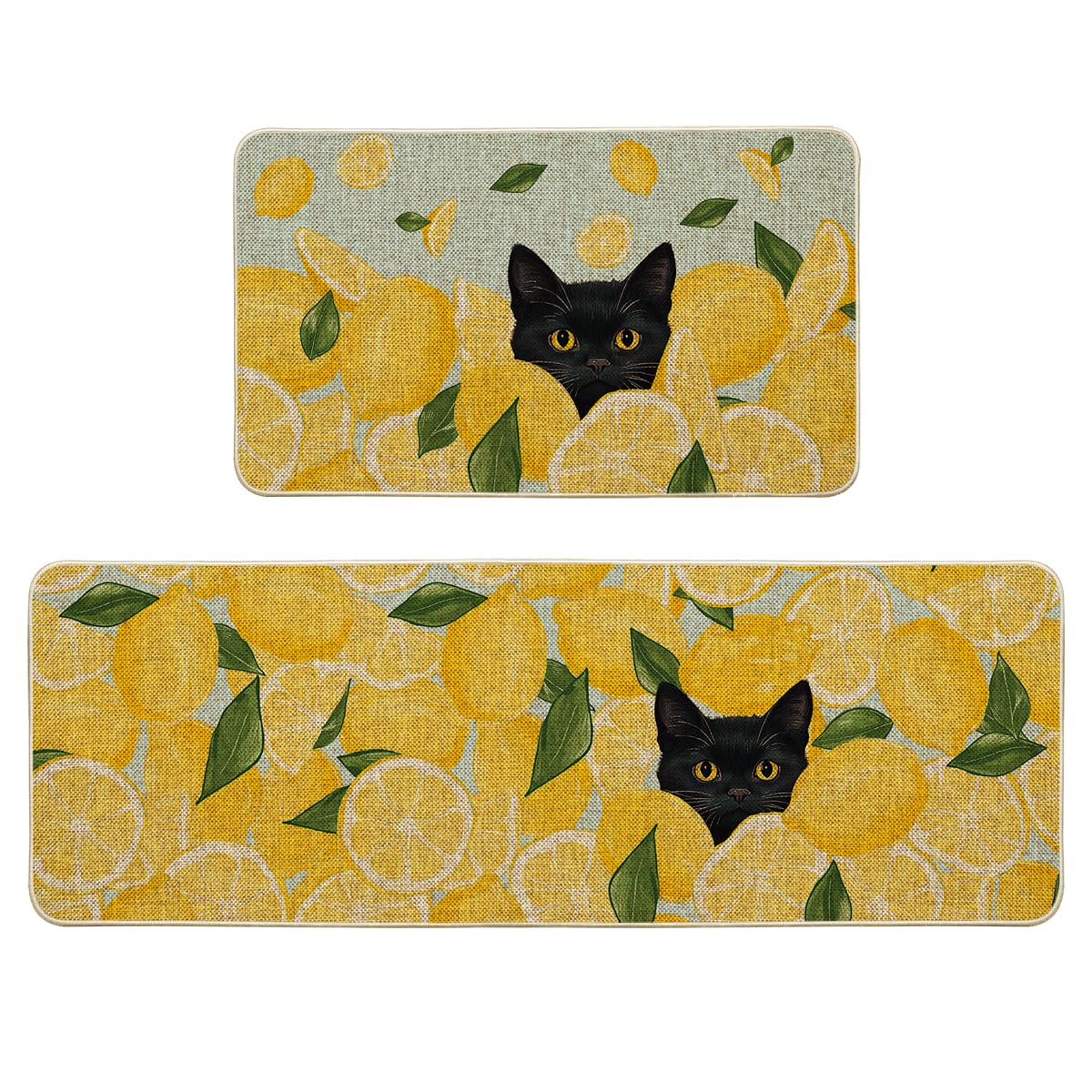 Artoid Mode Lemon Black Cat Summer Kitchen Mats Set of 2, Seasonal Low-Profile Home Decor Kitchen Rugs for Floor - 17x29 and 17x47 Inch