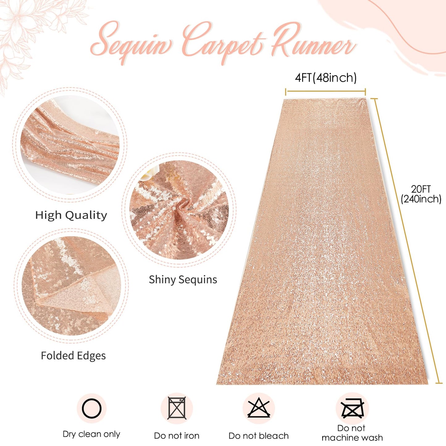 Sequin Aisle Runners 4ft x 15ft Rose Gold Aisle Runner Bridal Carpet Runner for Wedding Ceremony Decor