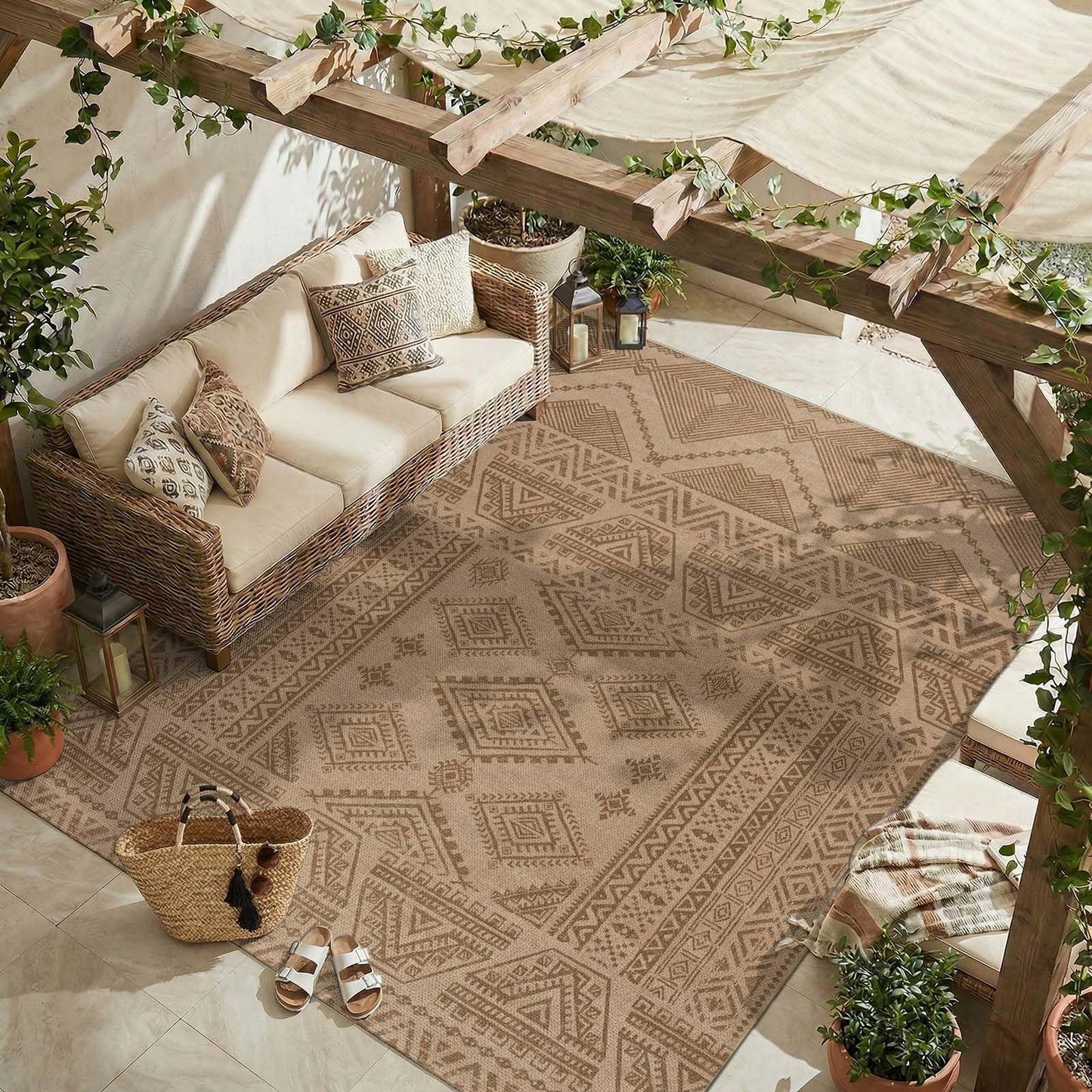 jinchan 8x10 Washable Faux Jute Area Rug, Boho Southwestern Geometric Natural Fiber Look Floor Mat, Low-Pile Non-Slip Large Outdoor Rug for Living Room Dining Room Patio, Natural Taupe