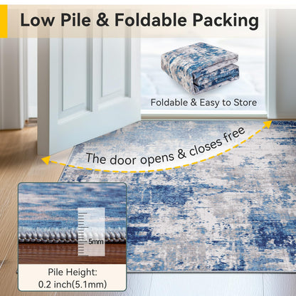 RELEANY Washable Area Rugs 3'x5' Non-Slip Modern Abstract Soft for Living Room Entryway Bedroom Kitchen, Print Pattern, Blue Grey Navy Gray