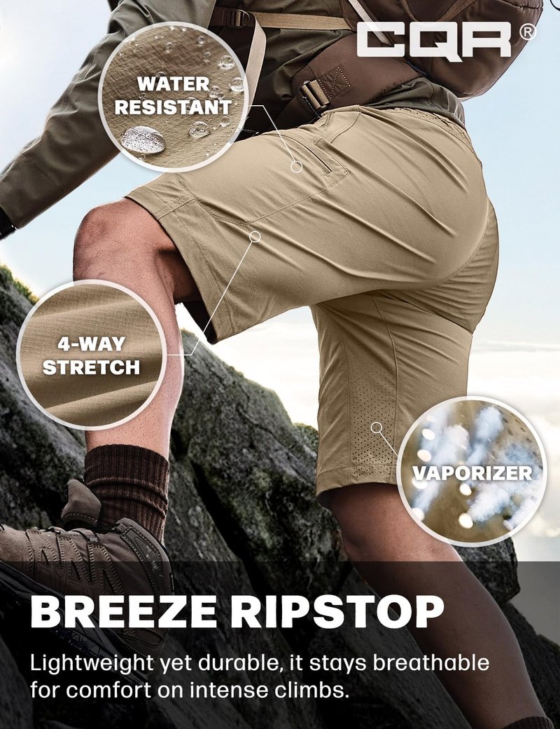 CQR Men's Quick Dry Stretch Hiking Cargo Shorts, Lightweight Water Resistant Tactical Casual, Golf & Outdoor with Pockets, Peak Alamo Khaki, 34W x 10L