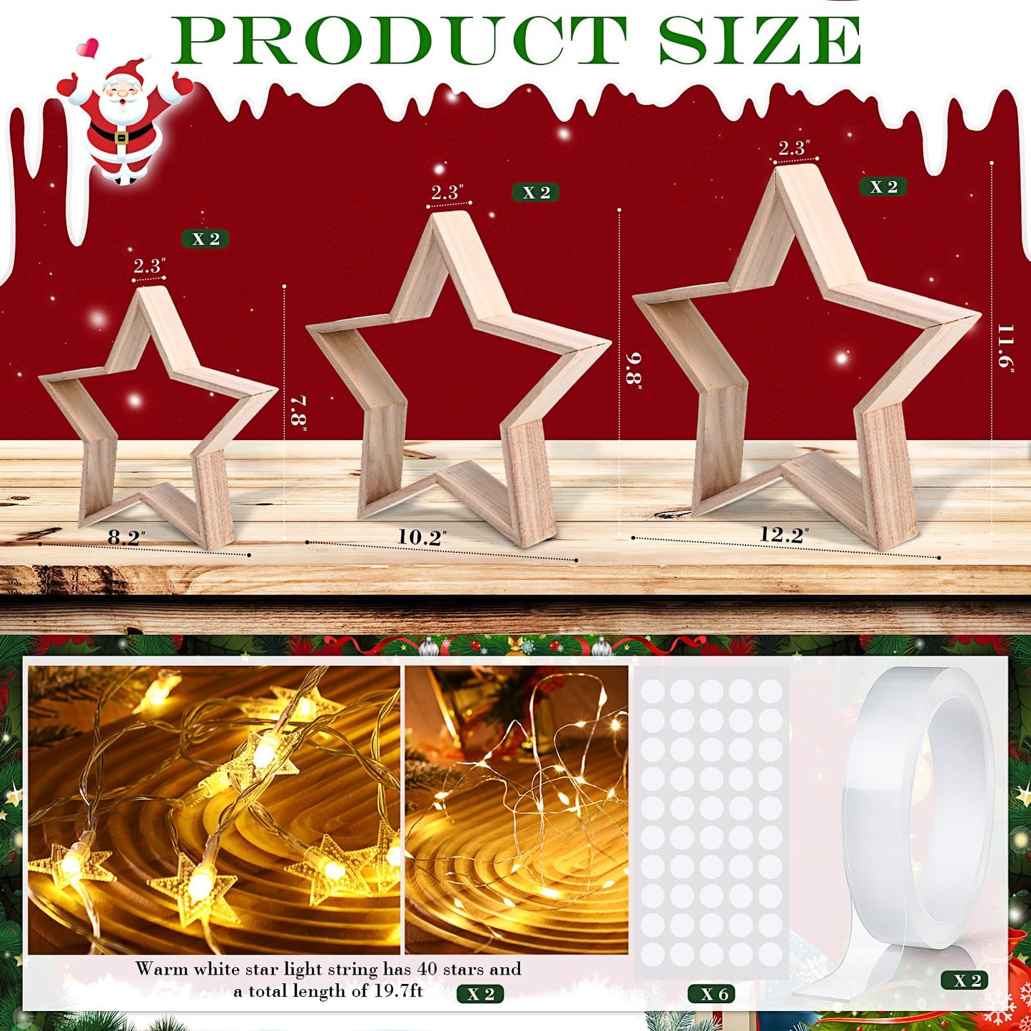 Geelin 6 Pcs Christmas Wooden Star Tabletop Centerpiece Sign with Light Strips Tape DIY Xmas Ornament for Farmhouse Fireplace Mantle Table Crafts Bookshelf Tiered Tray Decor (Original Wood)