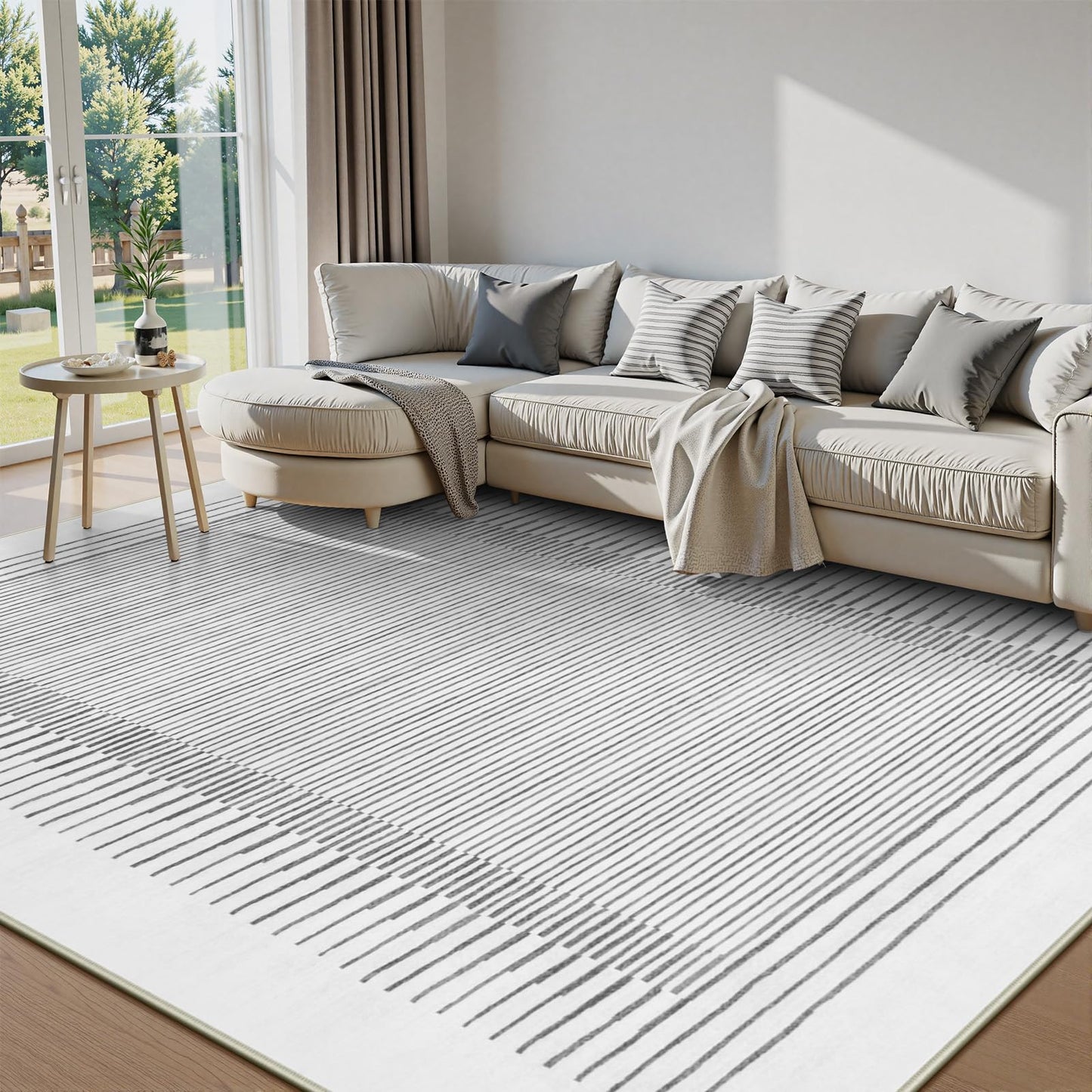 Wonnitar 5x7 Washable Striped Living Room Area Rug, Non-Slip Grey Boho Rugs for Bedroom, Low Pile Soft Minimalist Floor Carpets for Dining Room Home Office (Grey,5' x 7')