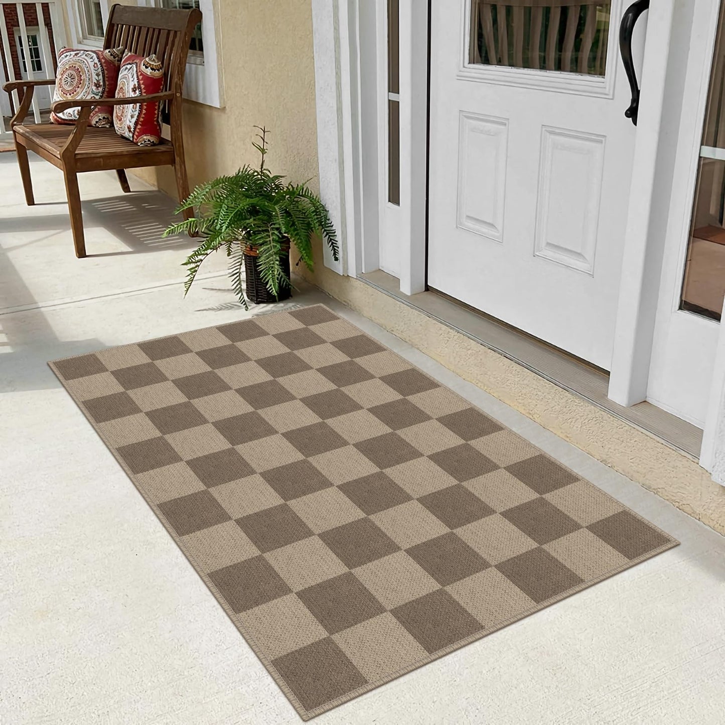 Rugalia Easy Jute Checkered Entryway Rug, 2.6x4 Brown Modern Indoor Outdoor Doormat, Washable Non-Slip Neutral Kitchen Rug Farmhouse Checkerboard Throw Rugs for Entrance Bedroom Bathroom