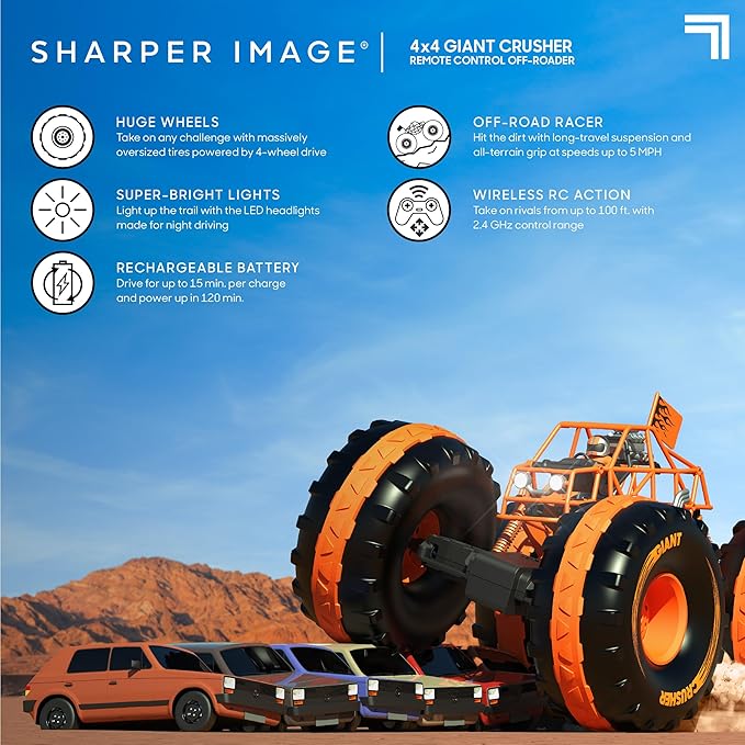 Sharper Image® 4x4 Giant Crusher Remote Control 4WD Truck High-Speed Off-Road Monster Truck All-Terrain Tires LED Headlights USB-C Rechargeable Battery Oversized Shocks 2.4 GHz Wireless Control