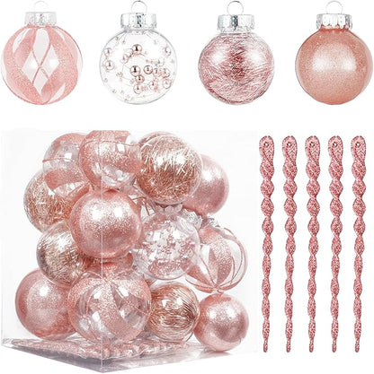 XmasExp 32ct Christmas Ball Ornaments Set -Rose Gold Clear Plastic Shatterproof Xmas Tree Ball Decorations Hanging Baubles for Holiday Decor