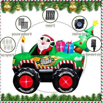 8FT Long Christmas Inflatables Monster Truck, Xmas Blow up Santa Driving Truck with Christmas Tree and Gifts Boxes Outdoor Decorations, X-mas Inflatable Yard Garden Lawn Party Holiday Decor