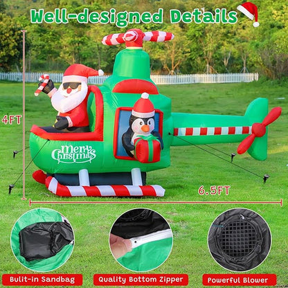 FunFanso 6.5FT Christmas Inflatable Santa Claus on Helicopter Outdoor Decorations with Bright LED Lights, Christmas Blow Up Santa Flying Airplane with Penguin for Xmas Decor Lawn Yard Holiday Party