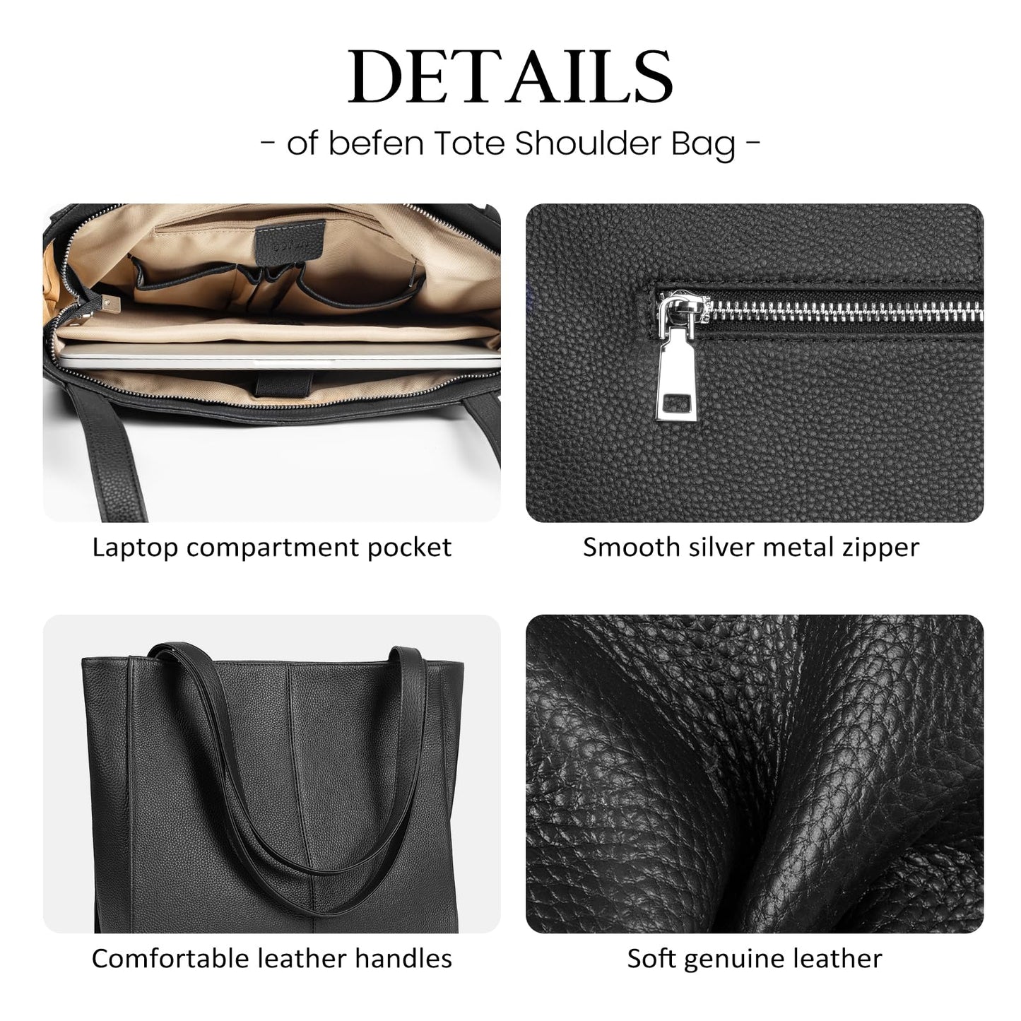 befen Black Genuine Leather Tote Bag for Women Work, Women's Leather Shoulder Bags Purses Satchel Handbags with Top Handles Work Purse