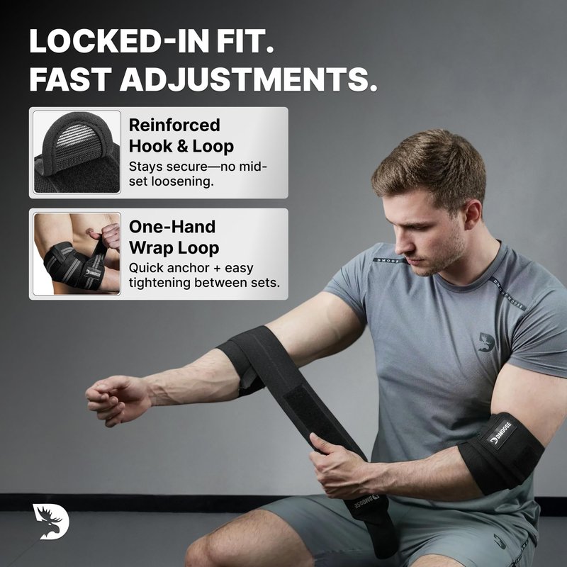 DMoose Fitness Elbow Wraps for Weightlifting (Pair) - 40'' Adjustable Elbow Strap for Gym Workout & Bench Press, Compression Elbow Wraps for Tendonitis & Joint Support, Elbow Sleeve (Black)