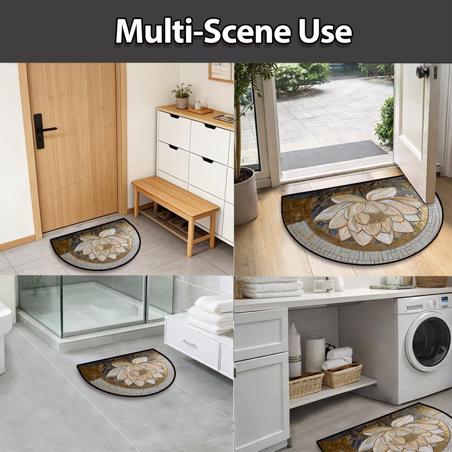 NYZE Semi Circle Door Mat Half Round Welcome Mat Non Slip Low-Pile Absorbent Half Circle Entryway Rug for Bathroom Bedroom Laundry Room(White Lotus, 24"×36")