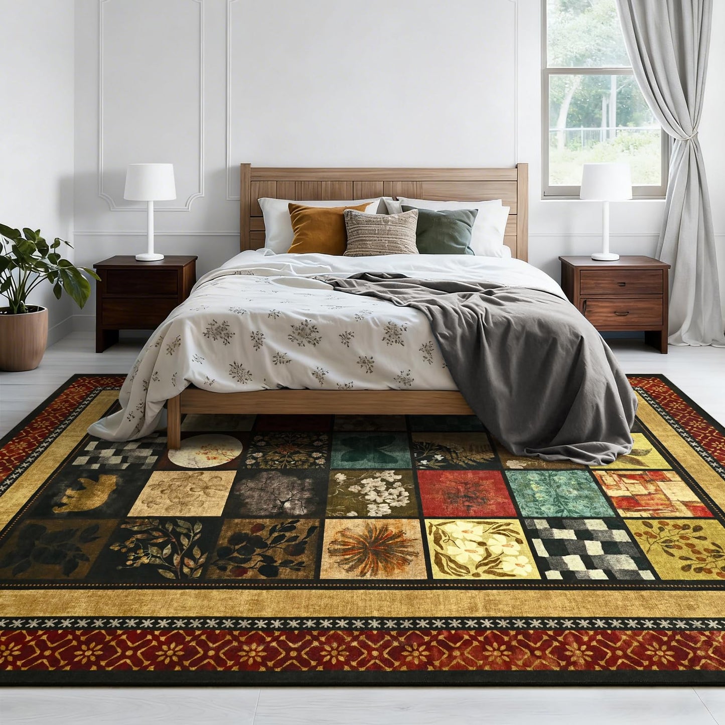Zedrew 5x7 Area Rug, Geometry Floral Rugs for Living Room, Non Slip Low Pile Print Rug Indoor Carpet Bedroom Office Dining Kids Room Playroom Apartment Home Decor (Red, 5x7ft)
