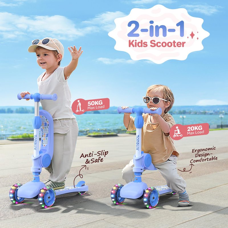 TONBUX Kids Scooter with Seat, 3 Wheels Scooter with PU Luminous Wheels, Non-Slip Handle and Wide Deck, Sensitive Brakes, 4-Level Adjustable Height, Scooters for Kids 2–8 Years Blue