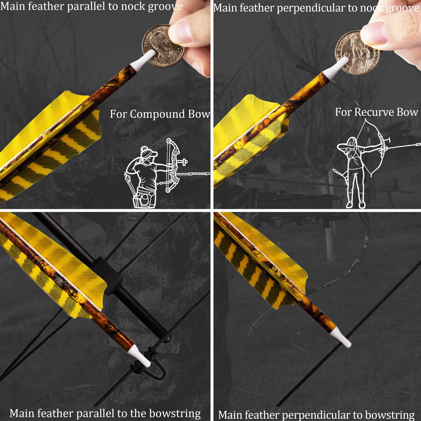 CENWTY 30 Inch Archery Carbon Arrows 500 Spine Camo Hunting Arrows with 4" Turkey Feather and Removable Tips Target Arrows for Compound Bow Recurve Bow Traditional Bow (12, Yellow)