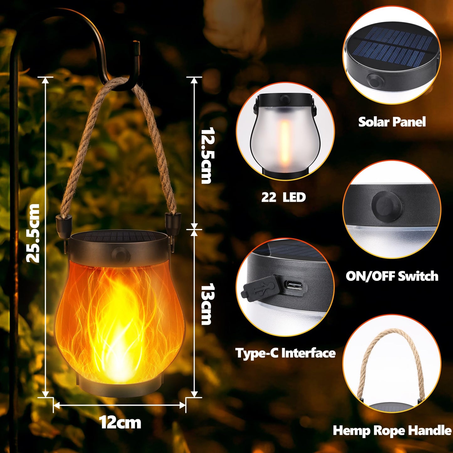 Jyoiat Solar Outdoor Lanterns Waterproof - 2 Pack Ultra-Real Flame Solar Lantern Lights with Dual Charging Modes (Solar/USB) for Garden Yard Patio Birthday Mothers Day Gifts (Warm White - 2 Pack)