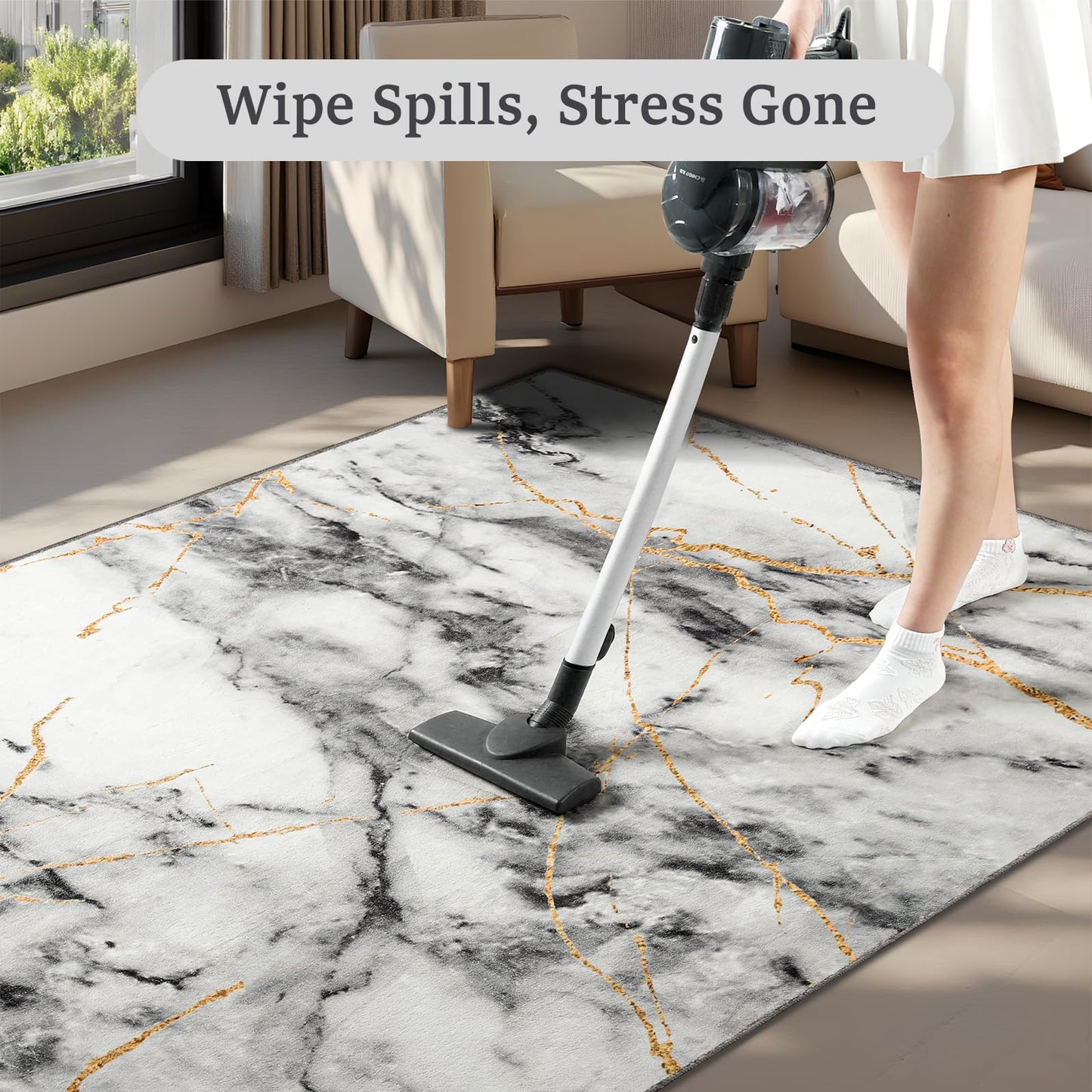 CRYPTOLITE Abstract Area Rug Washable Rug with Non-Slip Backing Low Pile Area Rugs for Living Room,Bedroom,Dining Room,4x6, Gold&Grey