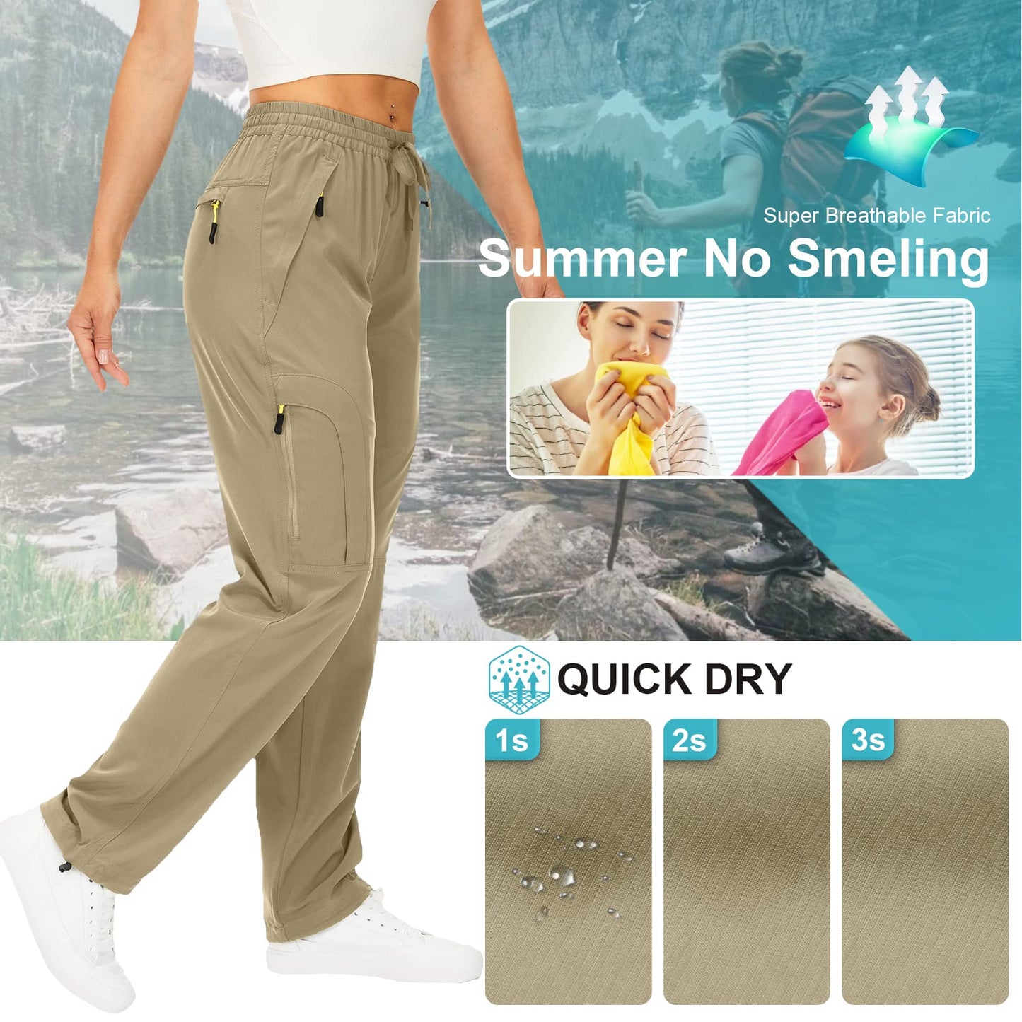 Womens Hiking Pants Sun Protection Quick Dry UPF 50 Lightweight Travel Golf Cargo Safari Pants Zipper Pockets,6608,Khaki,Tall XS