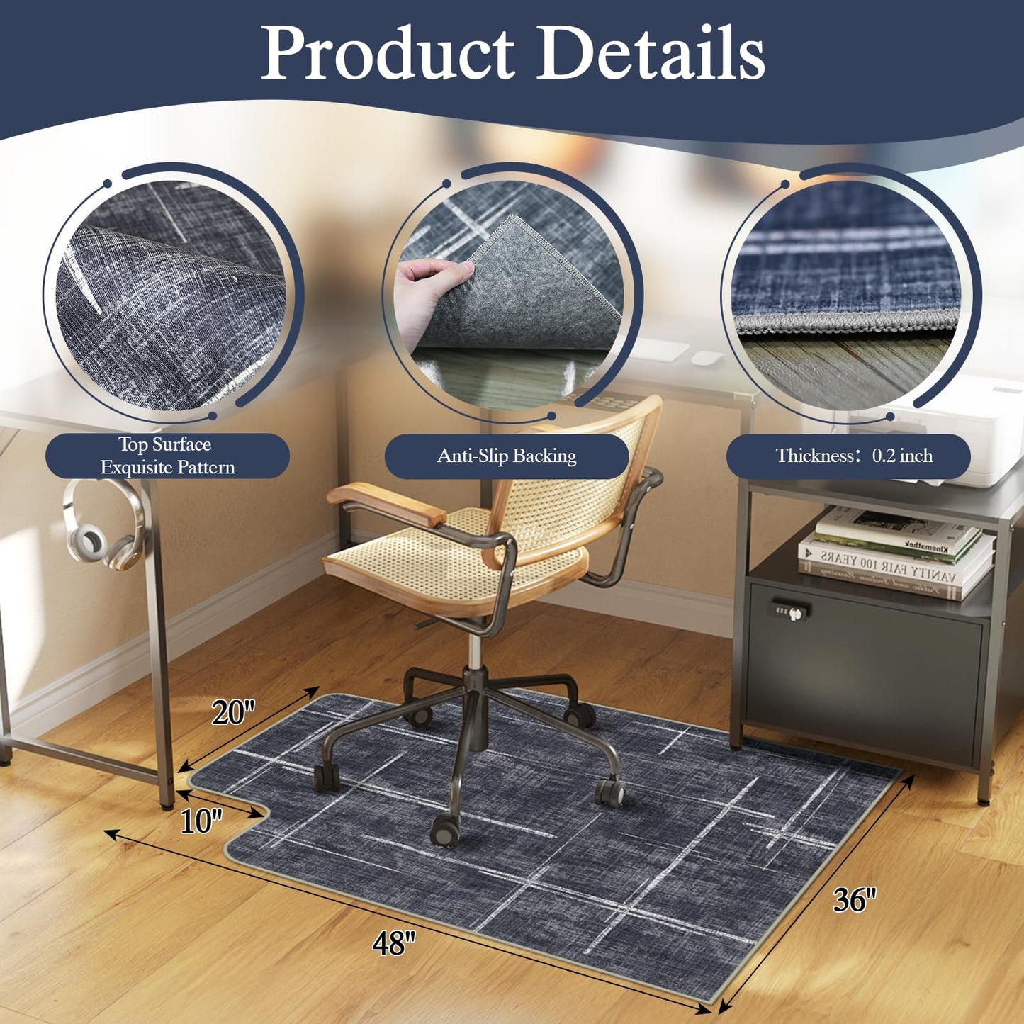 Office Chair Mat for Hardwood Floor & Tile Floor,36"X 48" Heavy Duty Desk Chair Mat for Hard Floors, Under Desk Rug for Rolling Computer Chair,Anti Slip,Low Pile Carpet Protector-Convex