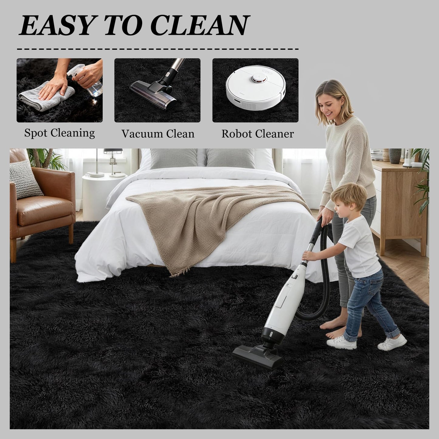 Fluffy Area Rugs 9x12 Living Room Bedroom: Ultra Soft Shag Rug Upgrade Non-Slip Non-Shedding Large Fuzzy Plush Carpet Indoor Floor Carpets for Kids Room Playroom Nursery Dorms Home Decor Black