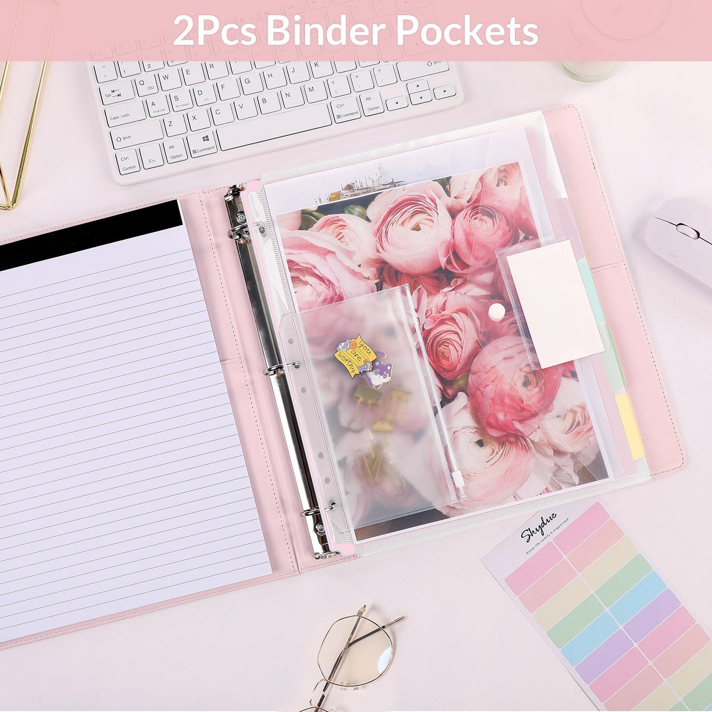 SKYDUE 3 Ring Binder with Clipboard,1 Inch Binder, 13.2" × 10.2" PU Clipboard Binder with Notepad & 5 Dividers with 5 Pockets, Labels, Clipboard Folder Great for School Office(Fit Letter Sized Paper)