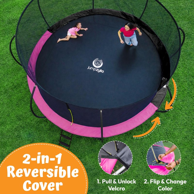 JUMPZYLLA Trampoline Outdoor 8FT 10FT 12FT 14FT 15FT 16FT with Enclosure and Ladder, ASTM Approved Recreational Trampoline for Kids and Adults, Anti-Rust Coated Frame (Pink, 8FT)