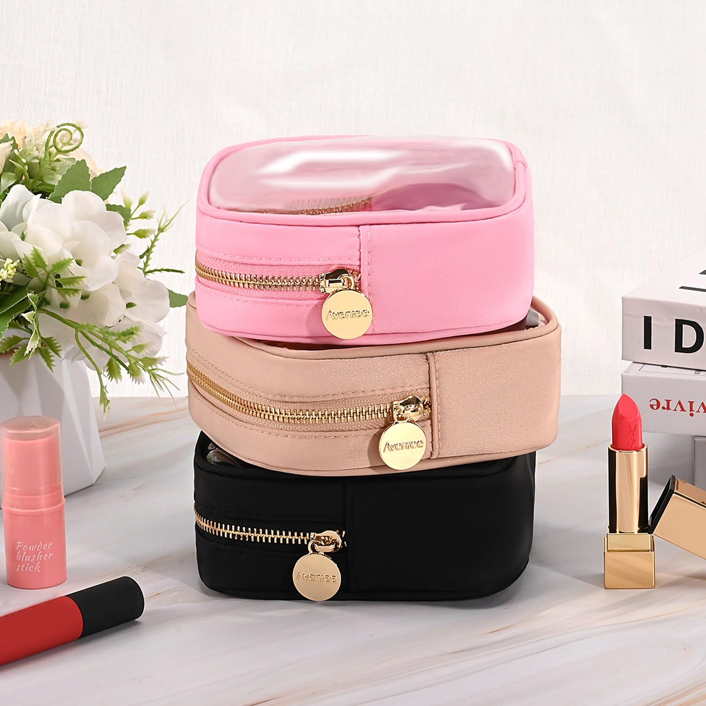 Aveniee Small Clear Makeup Bag, Mini Makeup Bag for Purse Organizer, Cosmetic Bag Travel Zipper Pouch for Women, Cute Car Accessories for Skincare Lipstick Essentials-Sand