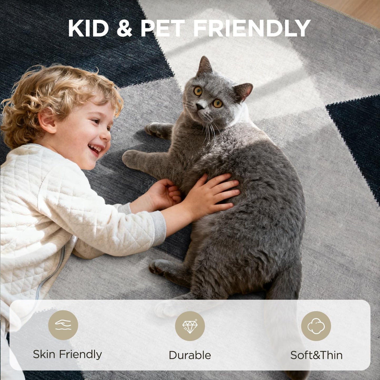 Joydeco 6x9 Washable Modern Rug for Living Room, Non-Slip Geometric Area Rug Low Pile Soft Carpet for Bedroom, Dining Room, Home Office, Pet & Child Friendly, White&Gray&Dark Gray