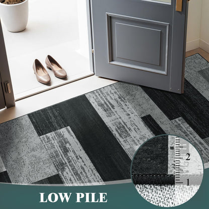 LIANLAM 8x10 Washable Area Rugs for Living Room and Bedroom, Vintage Checkered Pattern Non-Slip Carpet, Stain Resistant Low Pile Soft Rug for Dining Room,Office,Nursery,Kids Room(8x10,Gray)