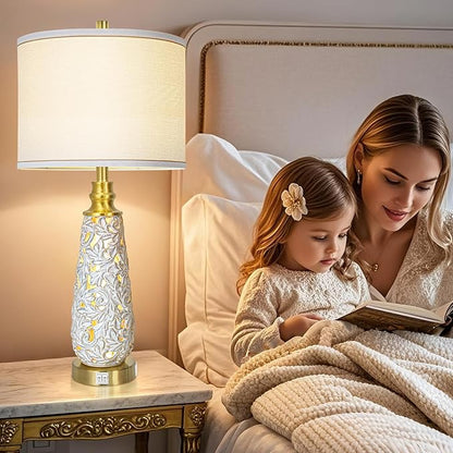 29" Ceramic Table Lamps Set of 2 with Night Light - Lamps for Nightstand,Bedside Lamps with USB Ports,Nightstand Lamps,Modern Table Lamps with White Linen Shade for Living Room,Bedroom(Bulb Included)