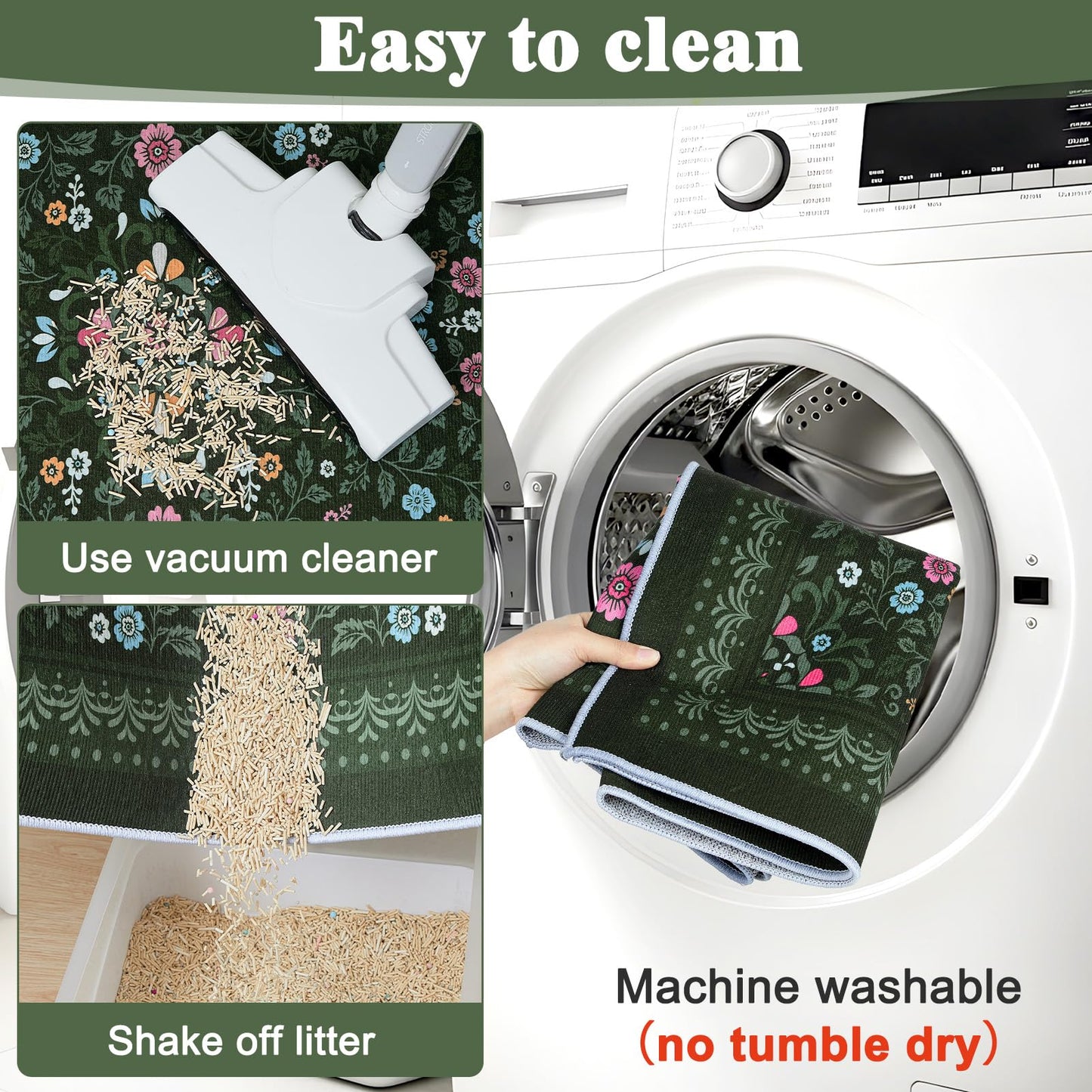 Bienbee Cat Litter Mat, 2PCS 33"x22" Machine Washable Litters Box Mats Non-Slip &Waterproof Cat Litters Trapping Mats Easy to Clean Mat for Litter Box Less Waste Protects Floors Dark Green L