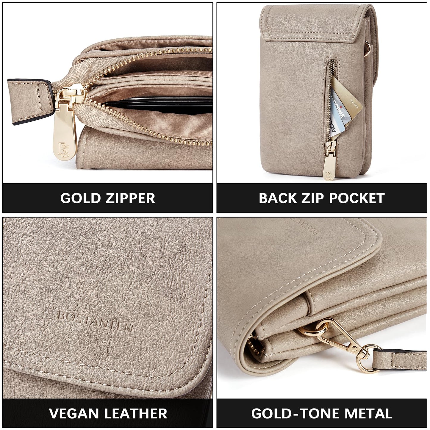 BOSTANTEN Vegan Leather Small Crossbody Bags for Women Designer Cell Phone Bag Wallet Purses Adjustable Strap Retro Grey