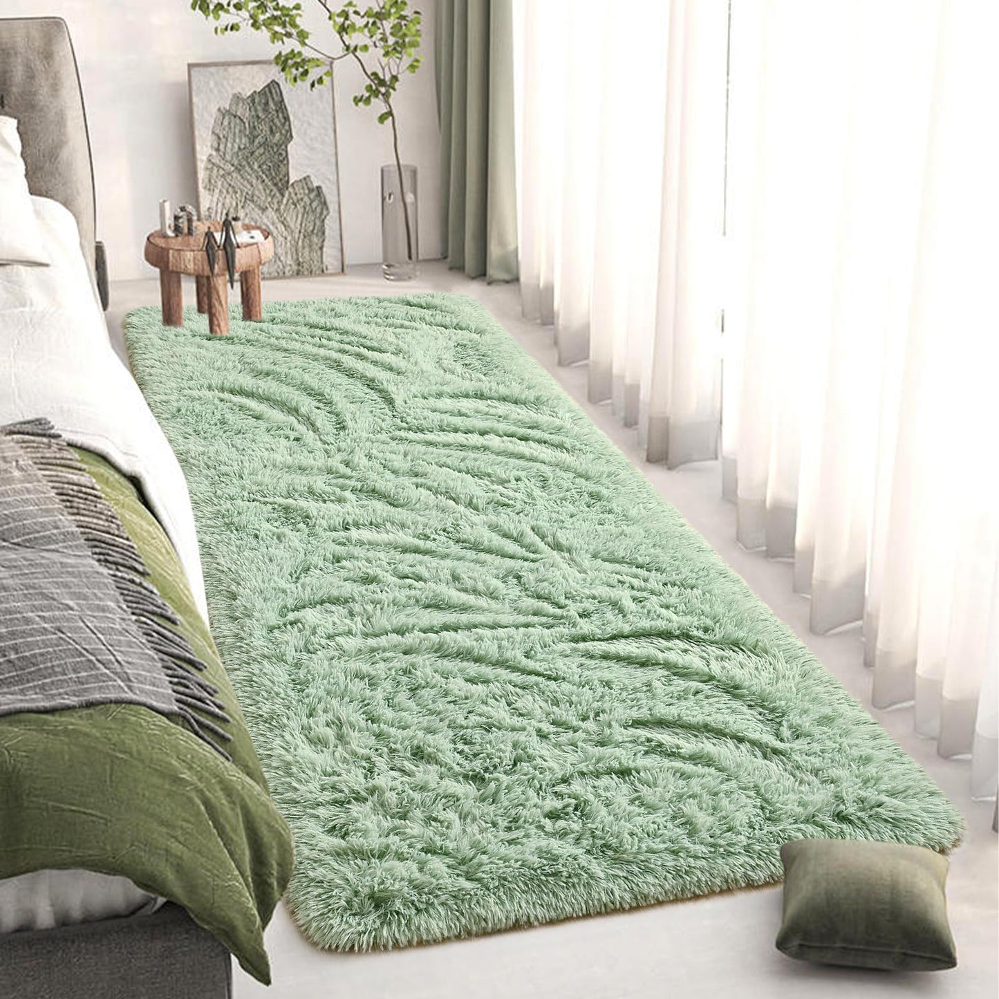 DweIke Fluffy Sage Green Runner Rugs for Bedroom, 2x6 Feet Soft Plush Long Runners for Girls Boys Kids, Non-Slip and Machine Washable Bedside Rug, Small Throw Carpet for Hallway Rooms Decor