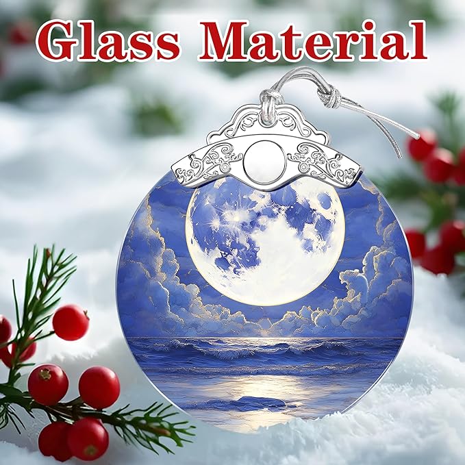 Full Moon Over Ocean Ornament – Christmas Decoration & Christmas Ornament; Stained Glass Holiday Decoration (Holiday Present, Bauble Present, Gift Idea, Gift Exchange) | Heirloom Keepsakes