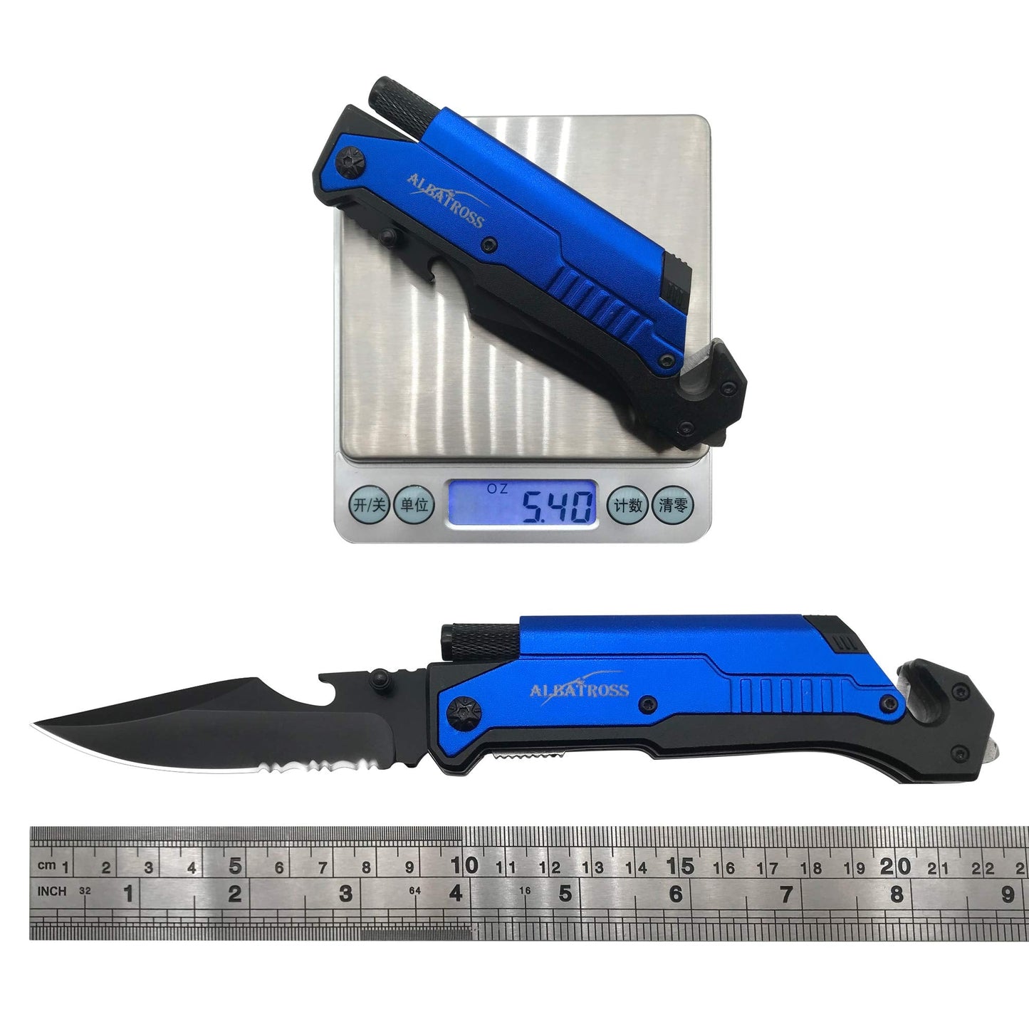 ALBATROSS 6-in-1 Survival Tactical Military Folding Pocket Knives with LED Light,Seatbelt Cutter,Glass Breaker,Magnesium Fire Starter,Bottle Opener;Multi-Function Emergency Tool(Blue)