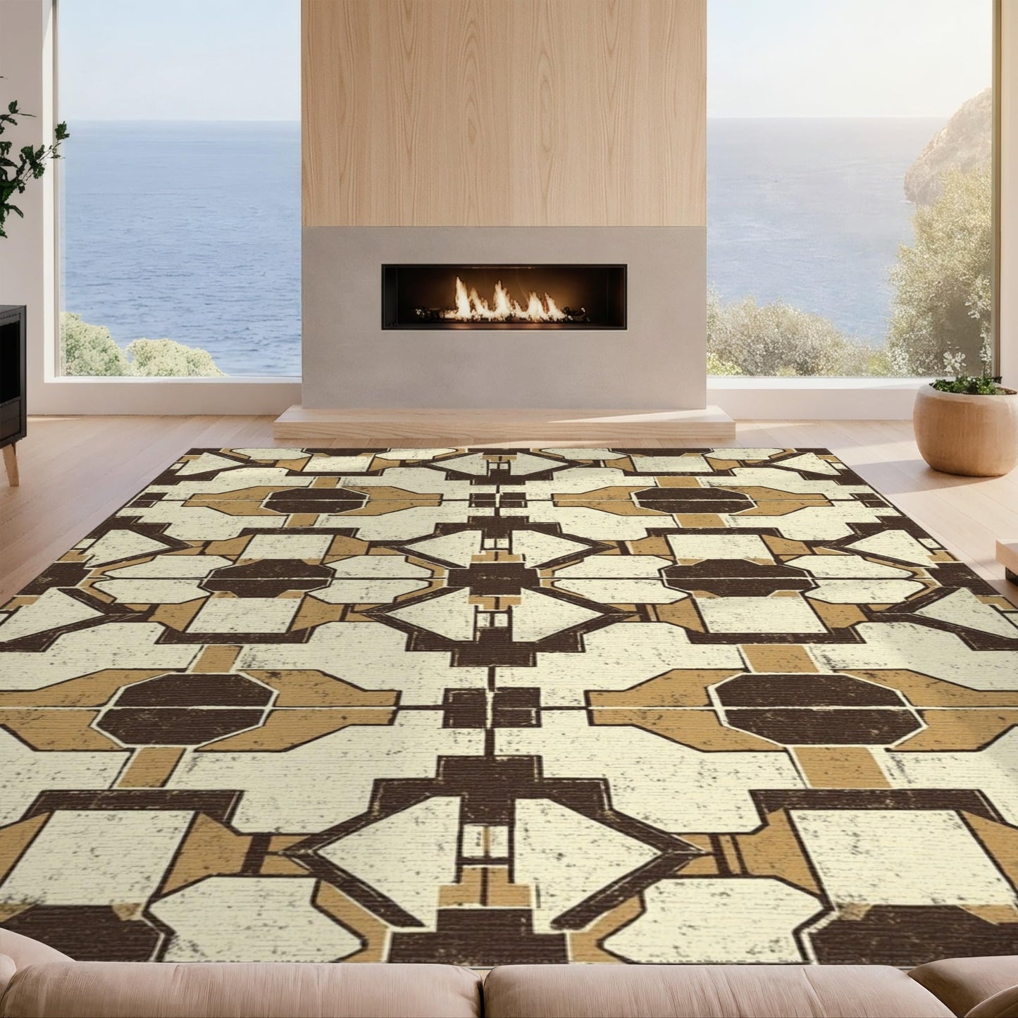 Design&I 3'x5' Washable Area Rug Large Muted Neutral Irregular Shapes Vintage Distressed Over Sleek Flatweave Pet Friendly & Non-Slip Built-in Grip for Bedroom, Walk-in Closet, Nursery