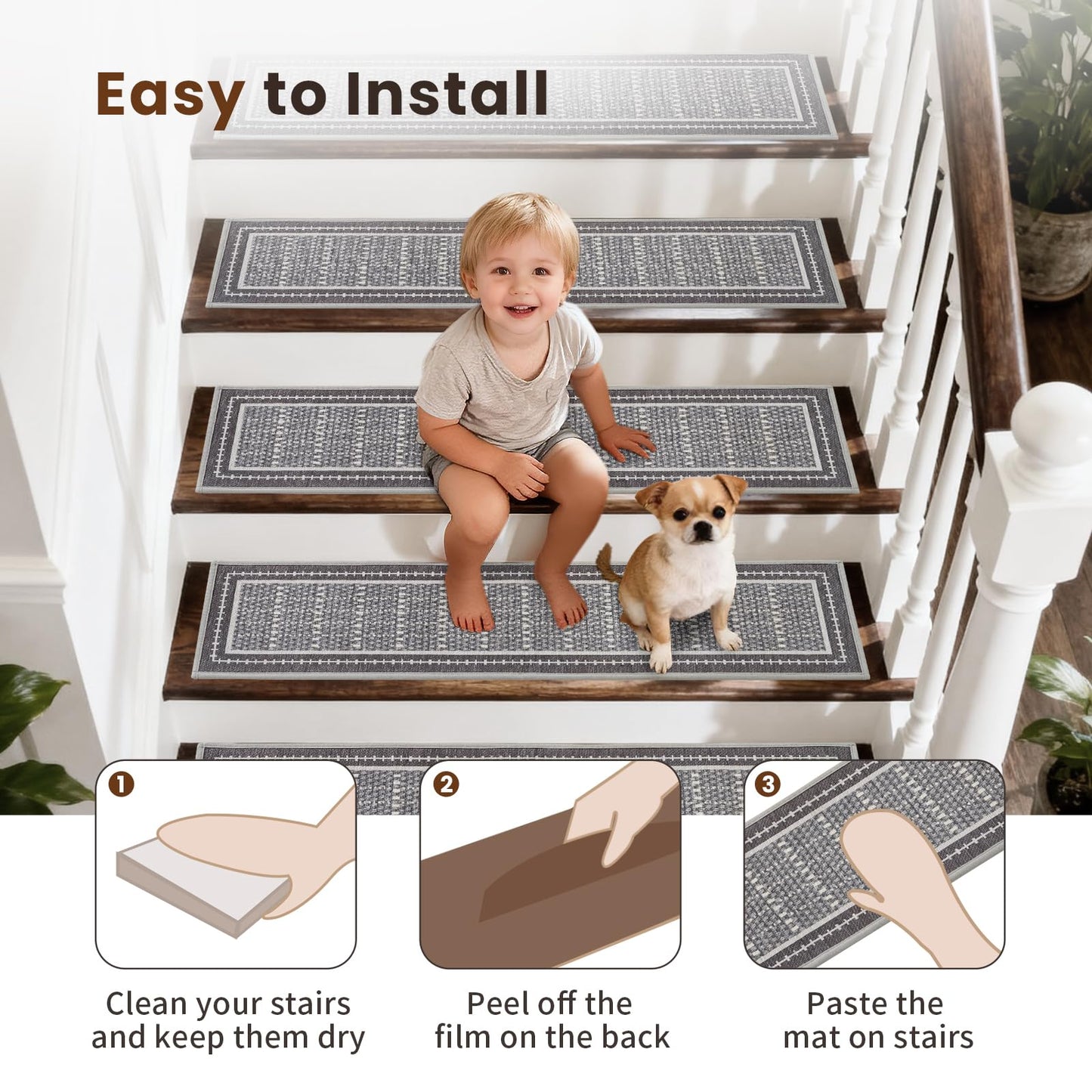 Mollydot Stair Treads Non Slip 15PCS - 8"x30" Indoor Stair Runners for Wooden Steps, Soft Carpet Stair Treads, Edging Stair Rugs, Peel and Stick Stair Treads Washable Reusable Self-Adhesive (Grey)