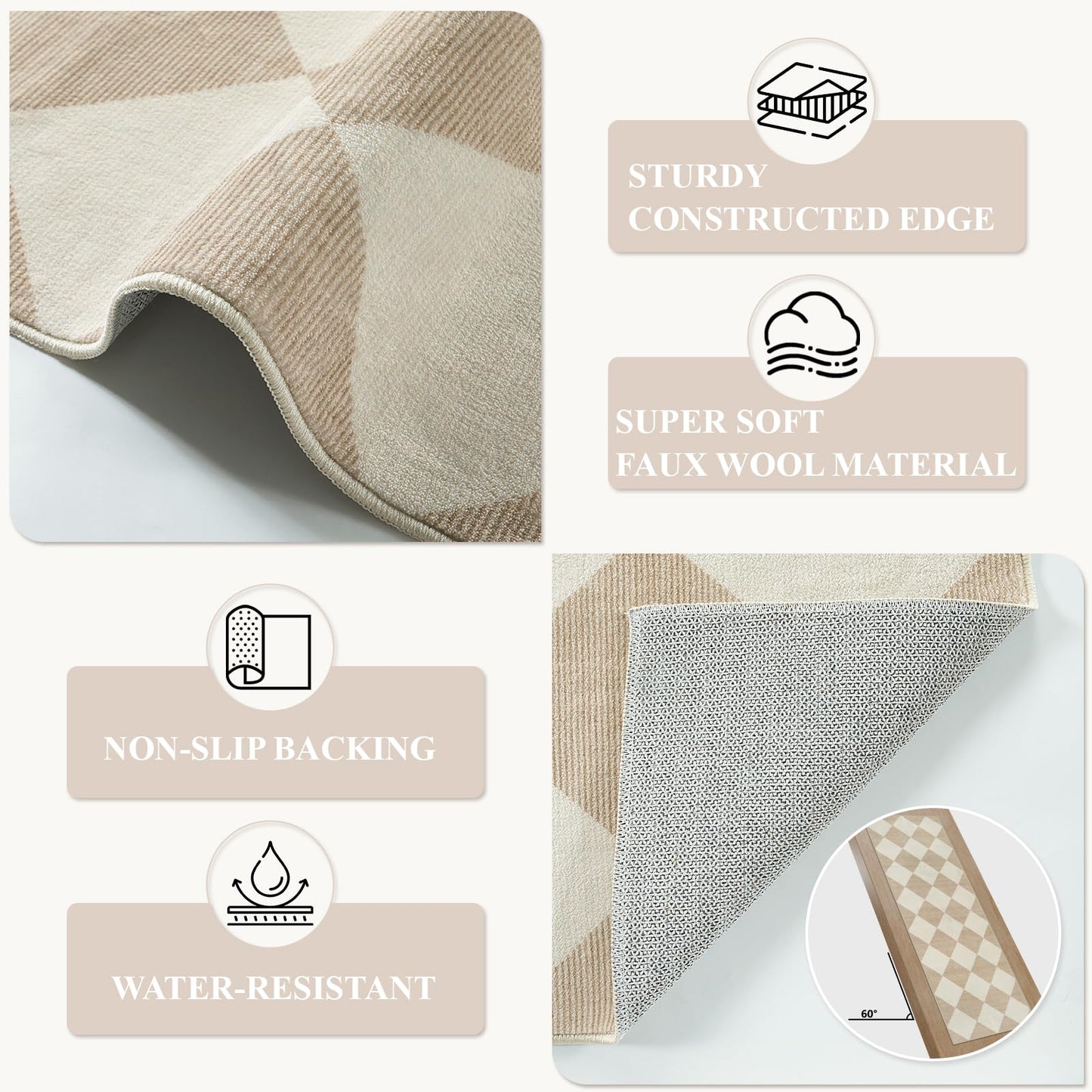 Beeiva Checkered Print Rug Runners for Hallways Non Slip 2.5x8, Ultra Thin Beige Kitchen Runner Rugs Non Skid Washable, Classic Neutral Gingham Decor Faux Wool Carpet for Bathroom Bedroom Entryway