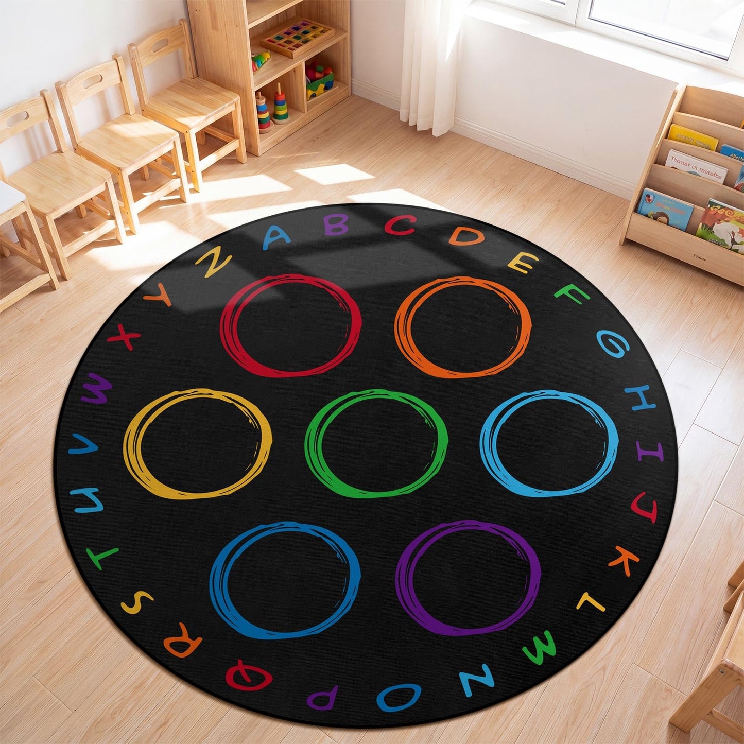 Teenyyou 6.5 ft Classroom Rug with Colorful Circle Kindergarten Educational Large Area Rug Kids Room Children Classroom Carpet Playroom Learning Preschool School Decor Seating Carpet 7 Seats