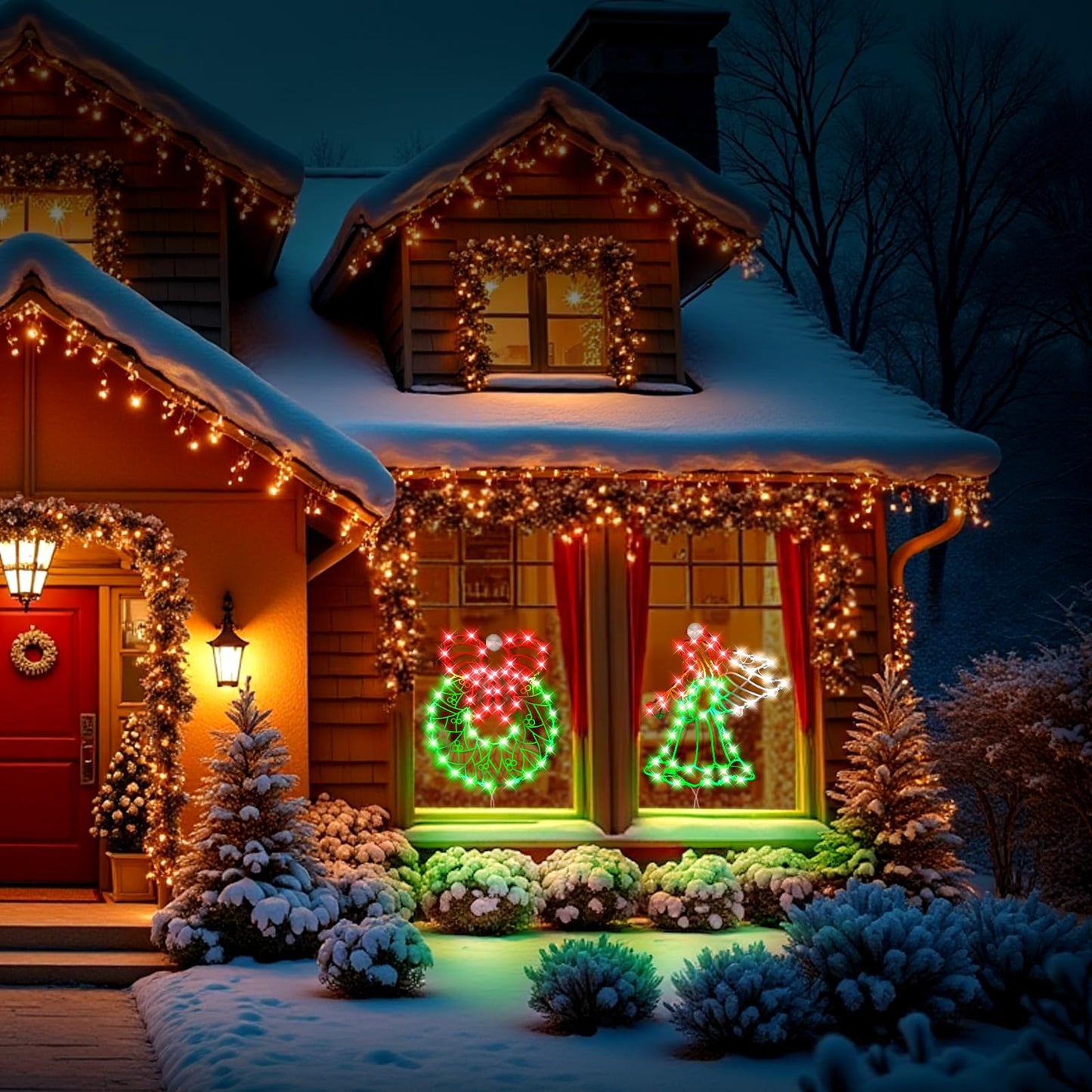 SUPHONOR 16" Christmas Window Silhouette LED Lights Decorations, Pack of 2 Sign Lighted Wreath and Angel Christmas Window Lights for Indoor Wall Door Glass Decor, Window Hanging Lights
