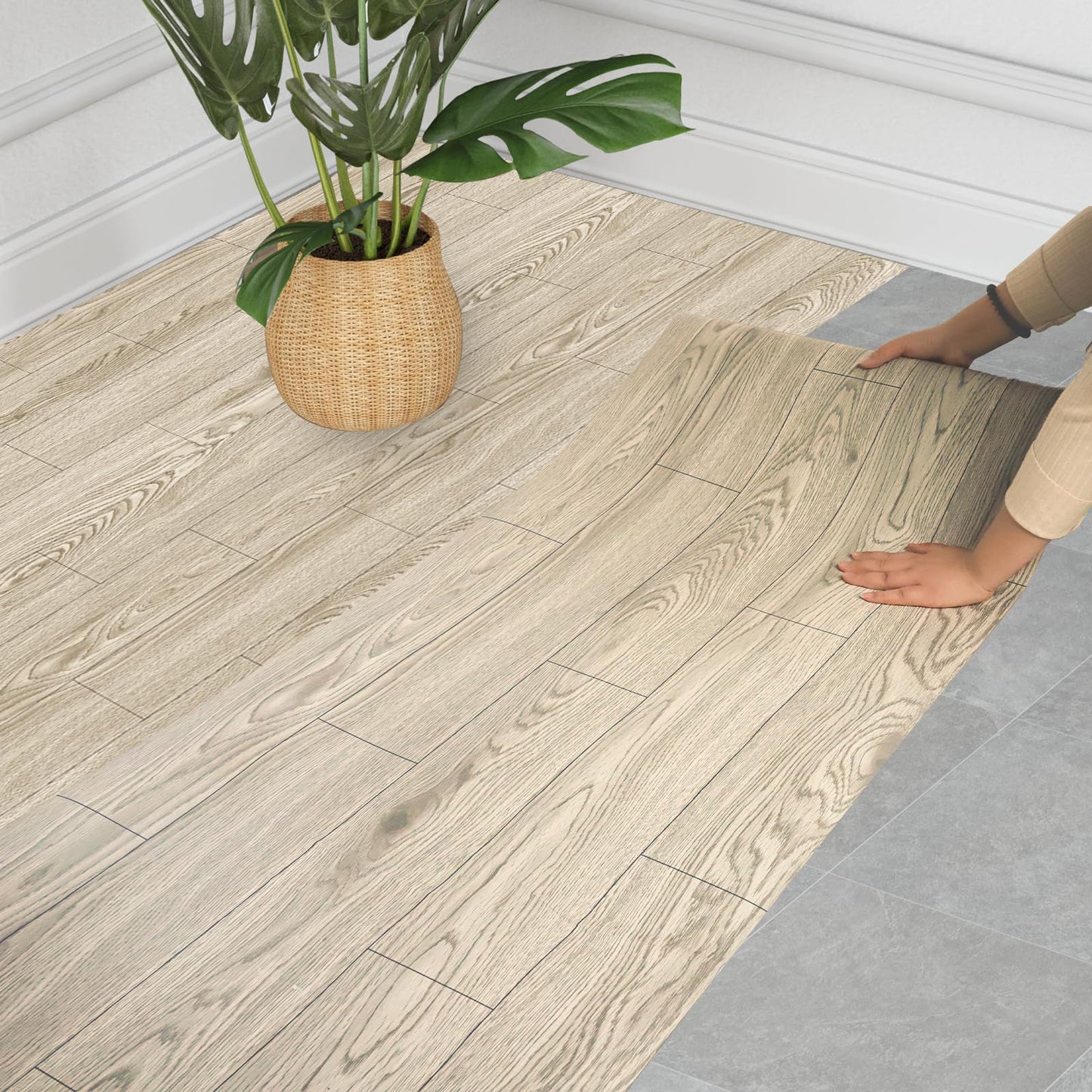 WIFEA Self Adhesive Vinyl Flooring Roll 23.6"x 393"/64 Sq.Ft Wood Grain Peel Stick Floor Tiles, Wear-resistant and Waterproof Vinyl Plank Flooring for Bedroom Living Room Office Balcony RV Light Brown