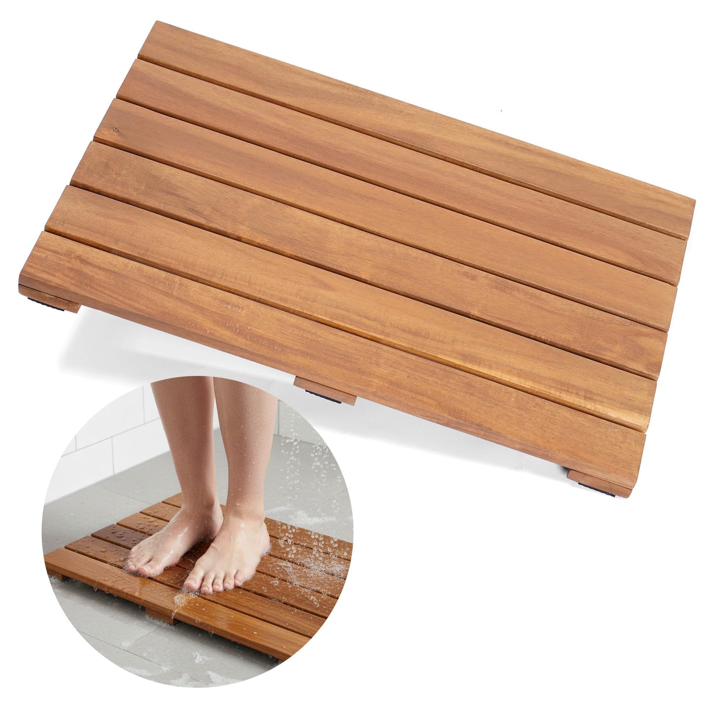 AN68 Wooden Shower Mat 13×20 in – Solid Acacia Wood Bath Mat, Non-Slip Feet, Slatted Fast-Drainage Design – Spa, Bathroom & Outdoor Use (Acacia)