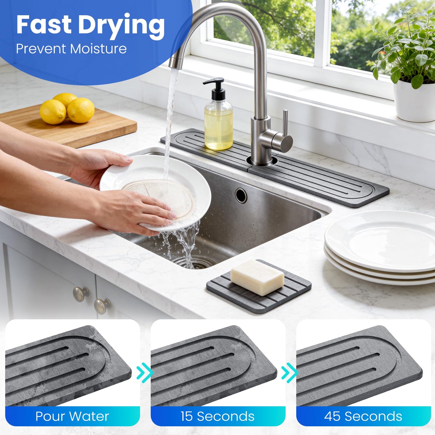 Stone Drying Mat for Kitchen Counter, Diatomite Faucet Mat for Sink with Non-Slip Pads, Fast Dry Water Absorbing Sink Splash Guard and Coaster - Durable and Stylish Design ( 23.5×3.9 Inch ) (GREY)