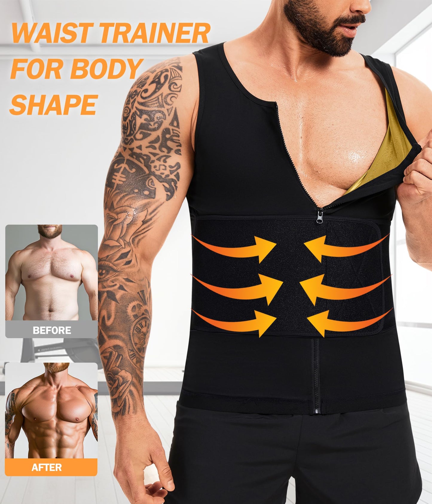 Sauna Vest for Men Waist Trainer Sauna Shirt for Men Zipper Sweat Belt Tank Top for Belly Fat(BG L/XL)