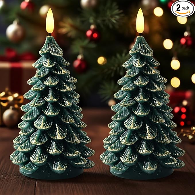 Christmas Decorations Indoor, Christmas Decor - Christmas Tree Candles Battery Operated, Flameless LED Candle Lights with 6H Timer, Xmas Home Decor, Set of 2(Green&Gold)