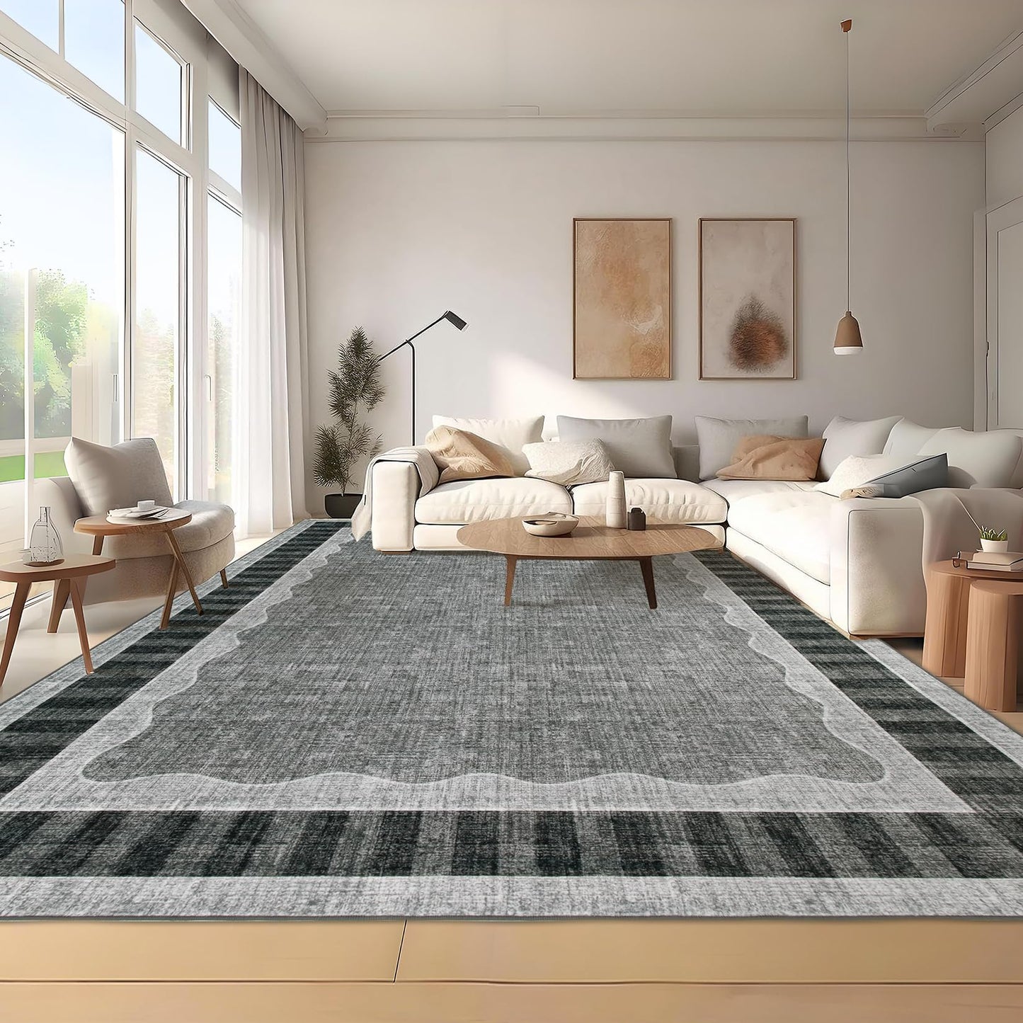 Garvee 8x10 Scalloped Area Rug, Large Washable Rug – Soft Non-Slip Backing Thin Floor Mat Carpet for Living Room Bedroom Dining Room Playroom Nursery Home Decor