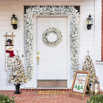 Glitzhome 24" D Pre-Lit Snow Flocked Christmas Wreath with Warm White LED Lights and Timer Artificial Decoration Wreath for Front Door Wall Window Indoor Outdoor Christmas Decorations
