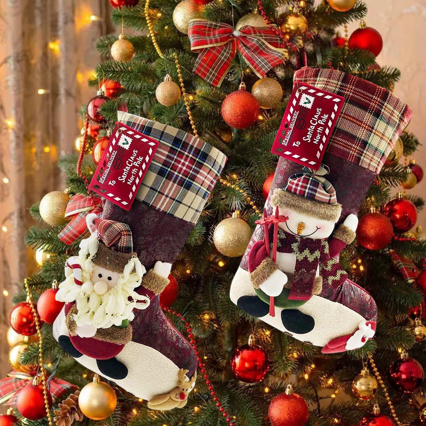 ETERAMUS 21 inch Plaid Christmas Stockings Santa Claus with Deer, Bear, Animal One Piece, Felt Large Plush 3D Reindeer Xmas Stocking for Girls Boys Tree Mantel Party Décor (Red Santa Claus)