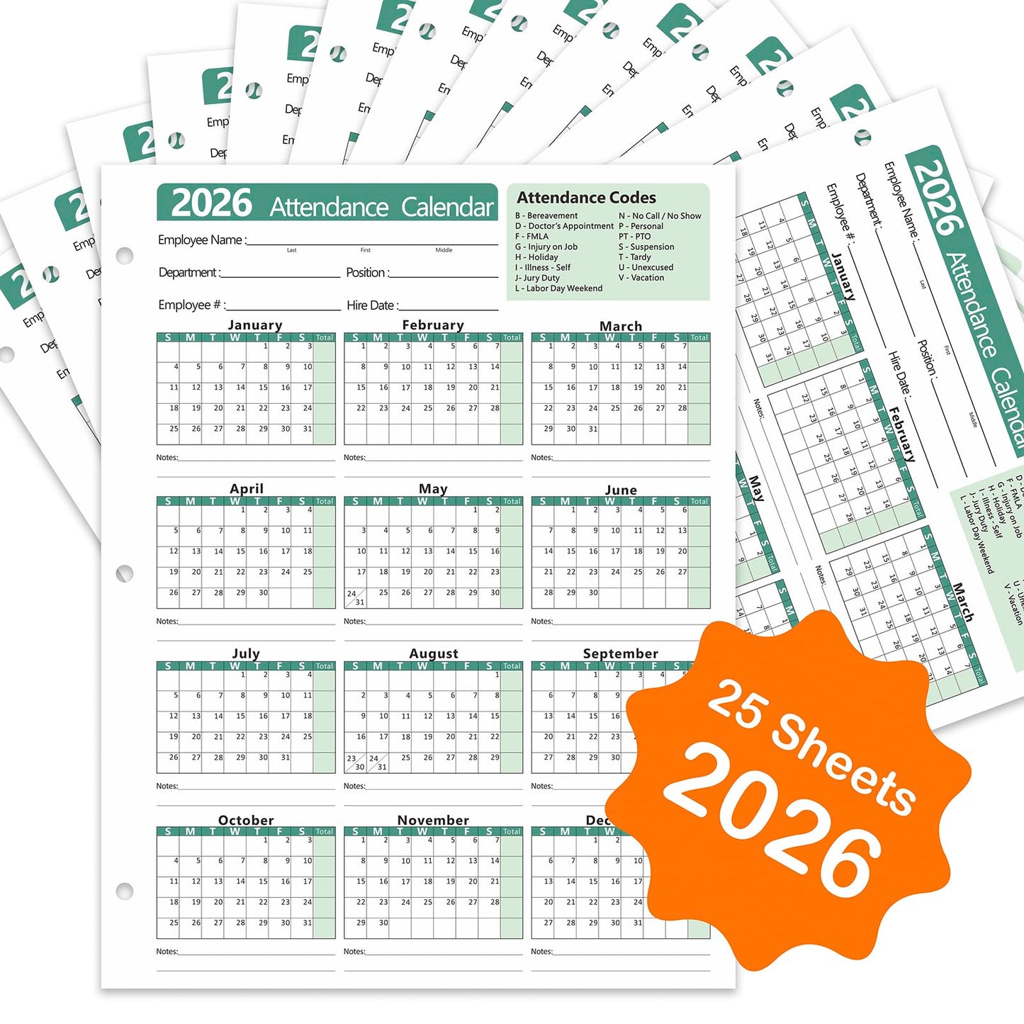 VistaRise 2026 Attendance Calendar, Employee Work Tracker Attendance Calendar cards - 3-Hole Punched for Binder, Cardstock, 8.5 x 11 in (Letter Size), Pack of 25 Sheets, Green