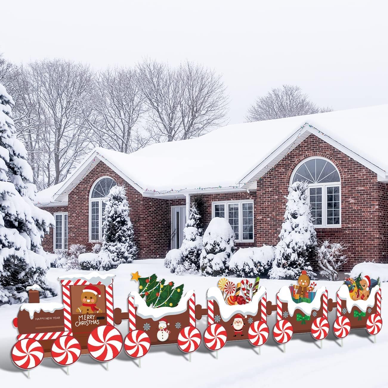 5Pcs Train Christmas Decorations Outdoor, X-mas Train Yard Signs with 8 Stakes, Gingerbread Xmas Tree Lawn Signs, Waterproof Christmas Yard Decorations Outdoor