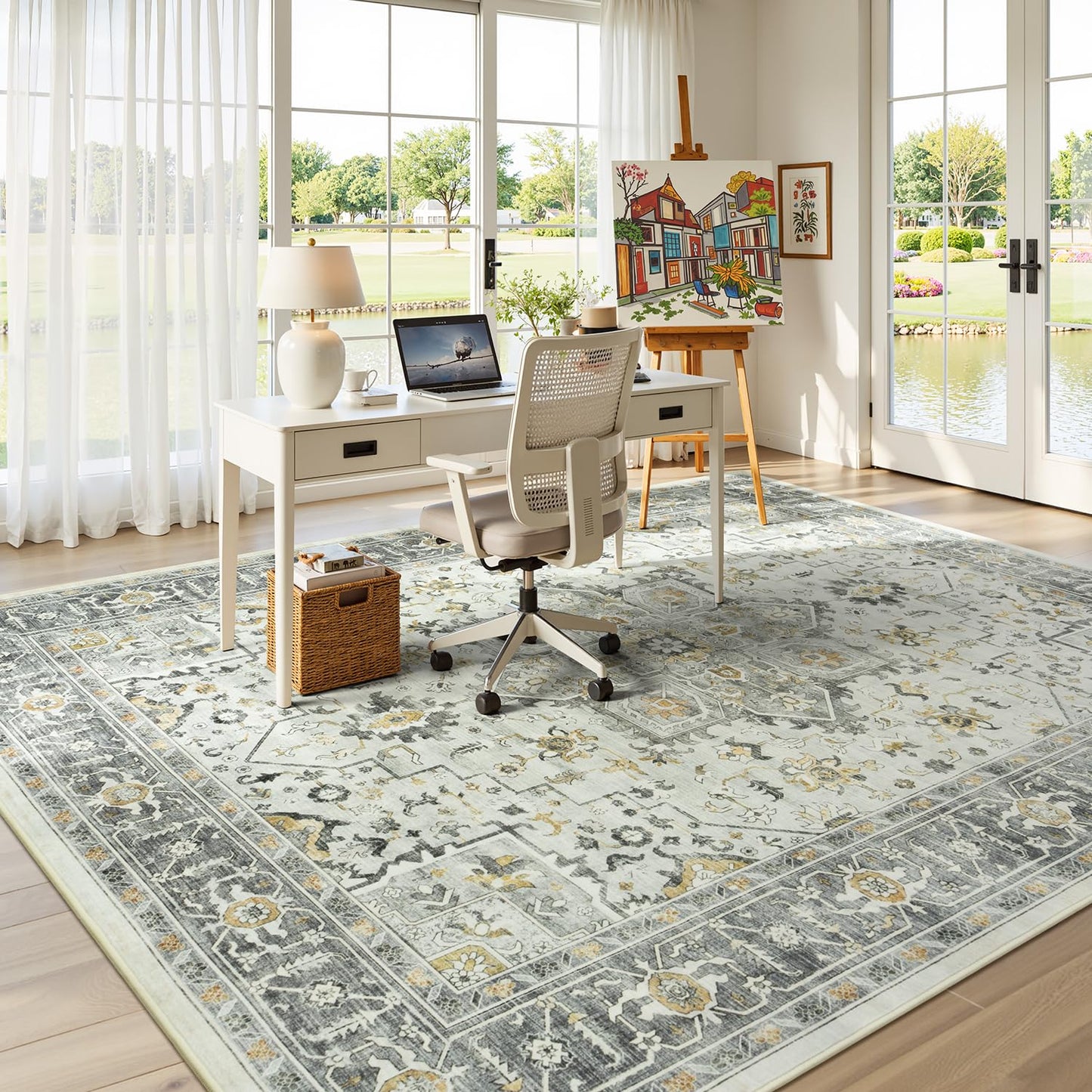 Vibrug Boho Taupe 5x7 Living Room Rug - Modern Vintage Eclectic Floral Pastel Neutral Grey Carpet, Washable Low Pile Non-Slip Extra Large Area Rugs for Dining Under Table, Bedroom, Nursery, Lounge
